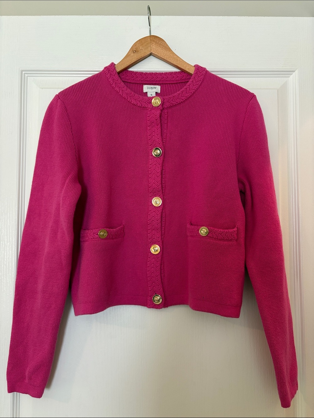 J. Crew Fuchsia Knit Lady Cardigan with Gold Buttons